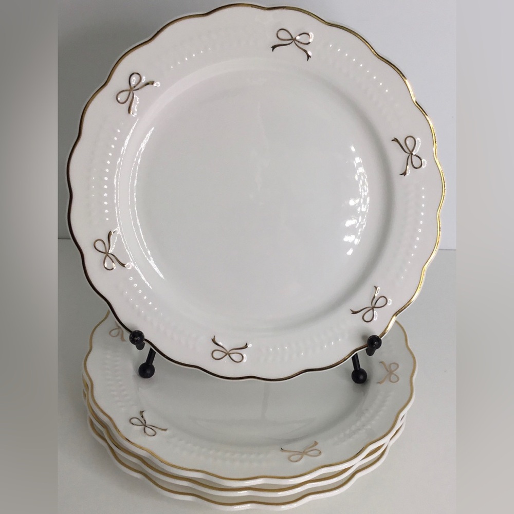 4 Salad Plates Yedi GOLD BOW Ceramic 8in Holiday Glam White New